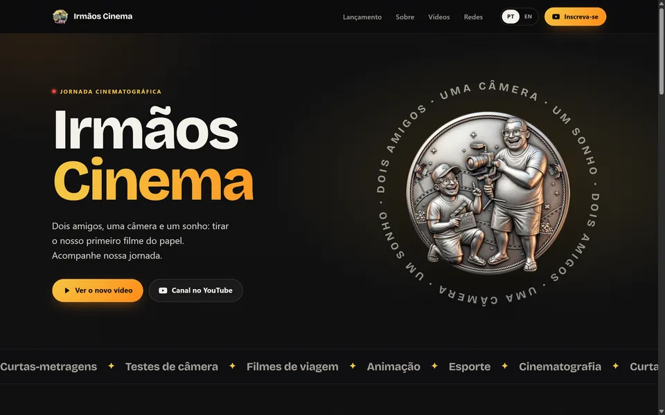 Página do Irmãos Cinema: o título e a medalha com os dois amigos e a câmera
