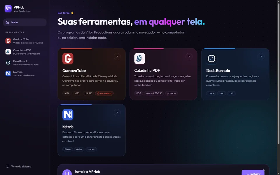 Página inicial do VPHub